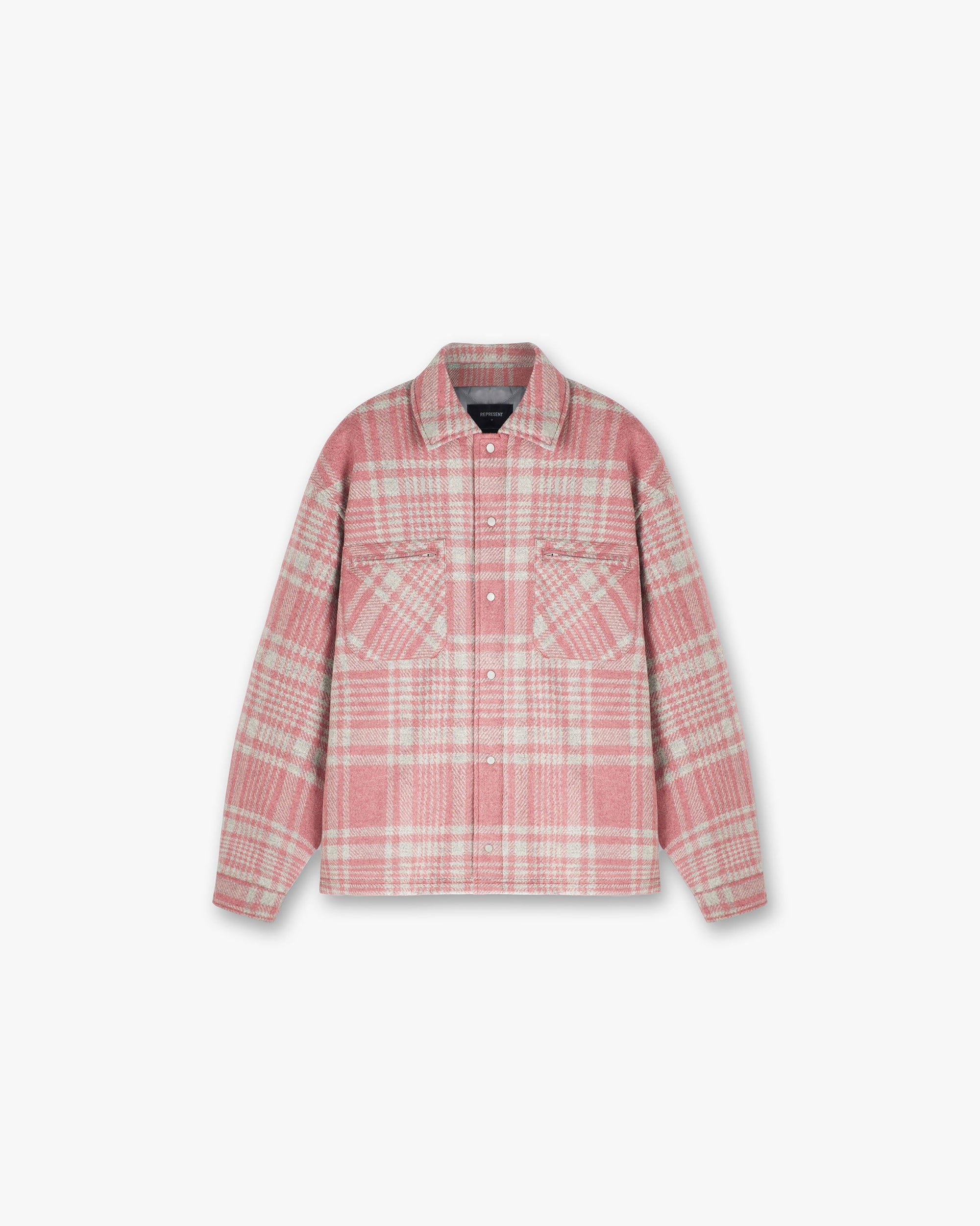 Front product image of a mens pink and grey check flannel shirt on a plain white background | Quilted Flannel Shirt in Pink Grey Check | Quilted check shirt with luxury heavyweight cotton | PRE SS24 Shirts | Represent Clo