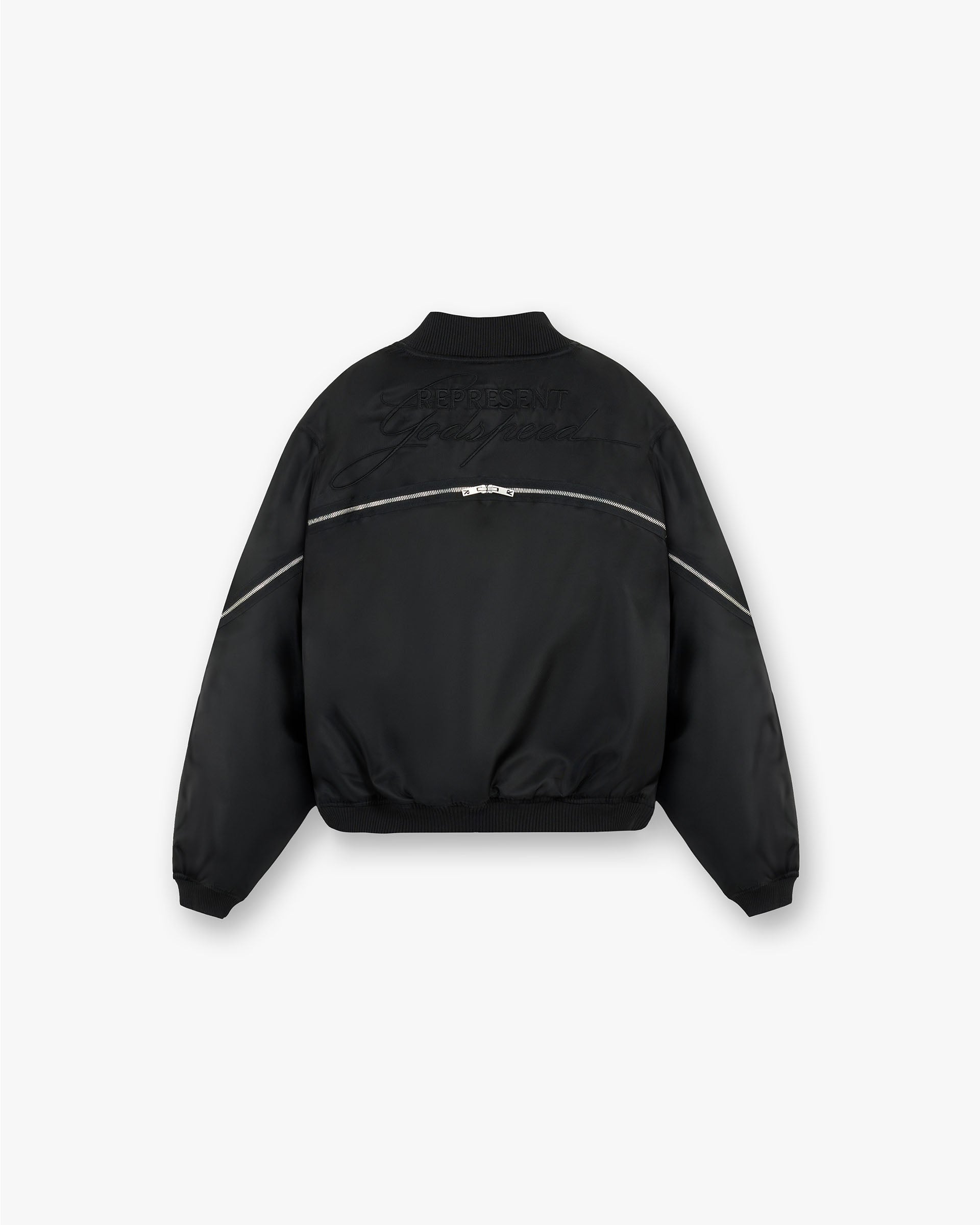 Back product image of a mens black bomber jacket on a plain white background | Zip Back Bomber Jacket in Jet Black | Bomber with oversized sleeves and 3D flap pockets | FW24 Outerwear | Represent Clo