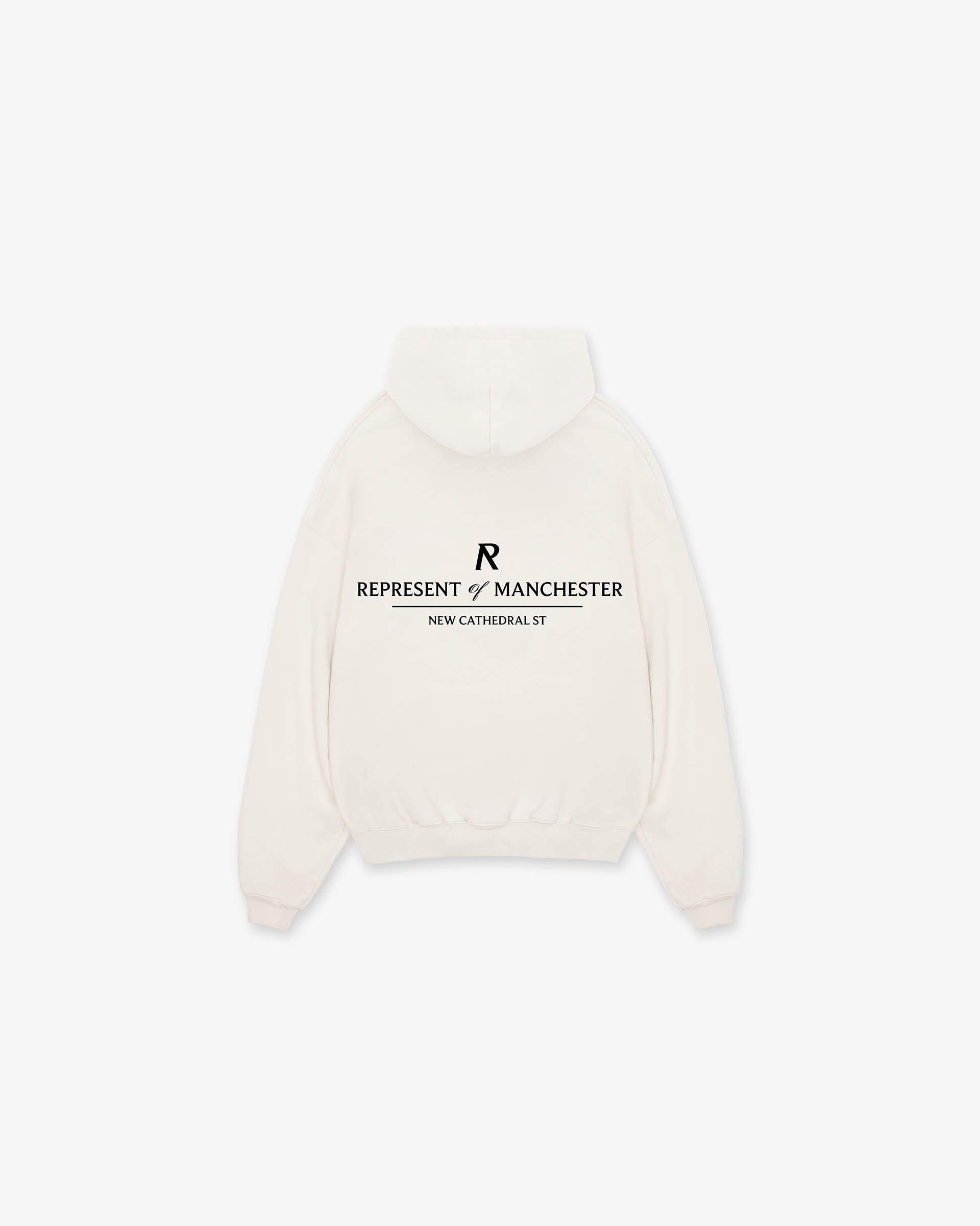 Back product image of a mens white hoodie on a plain white background | Manchester Store Hoodie in Flat White | Slightly oversized hoodie with screen print details | Exclusives Hoodies | Represent Clo
