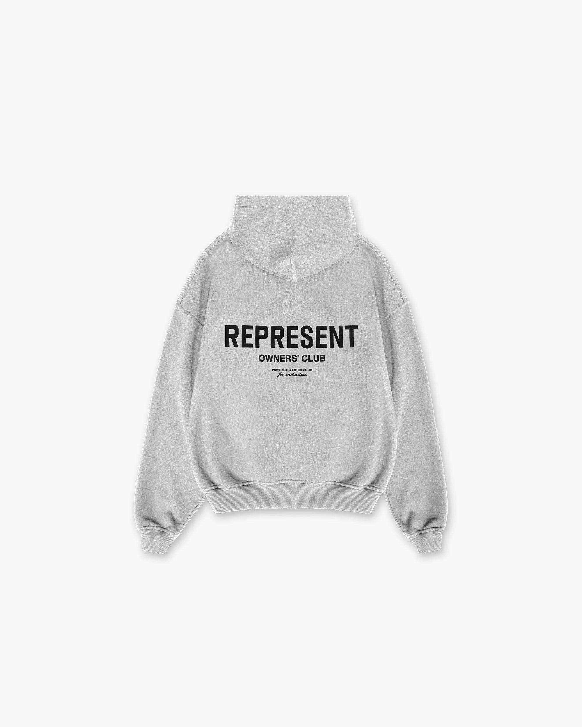 Back product image of a mens grey hoodie on a plain white background | Owners Club Zip Hoodie in Ash Grey | Oversized zip hoodie with ribbed trims | Owners Club Hoodies | Represent Clo