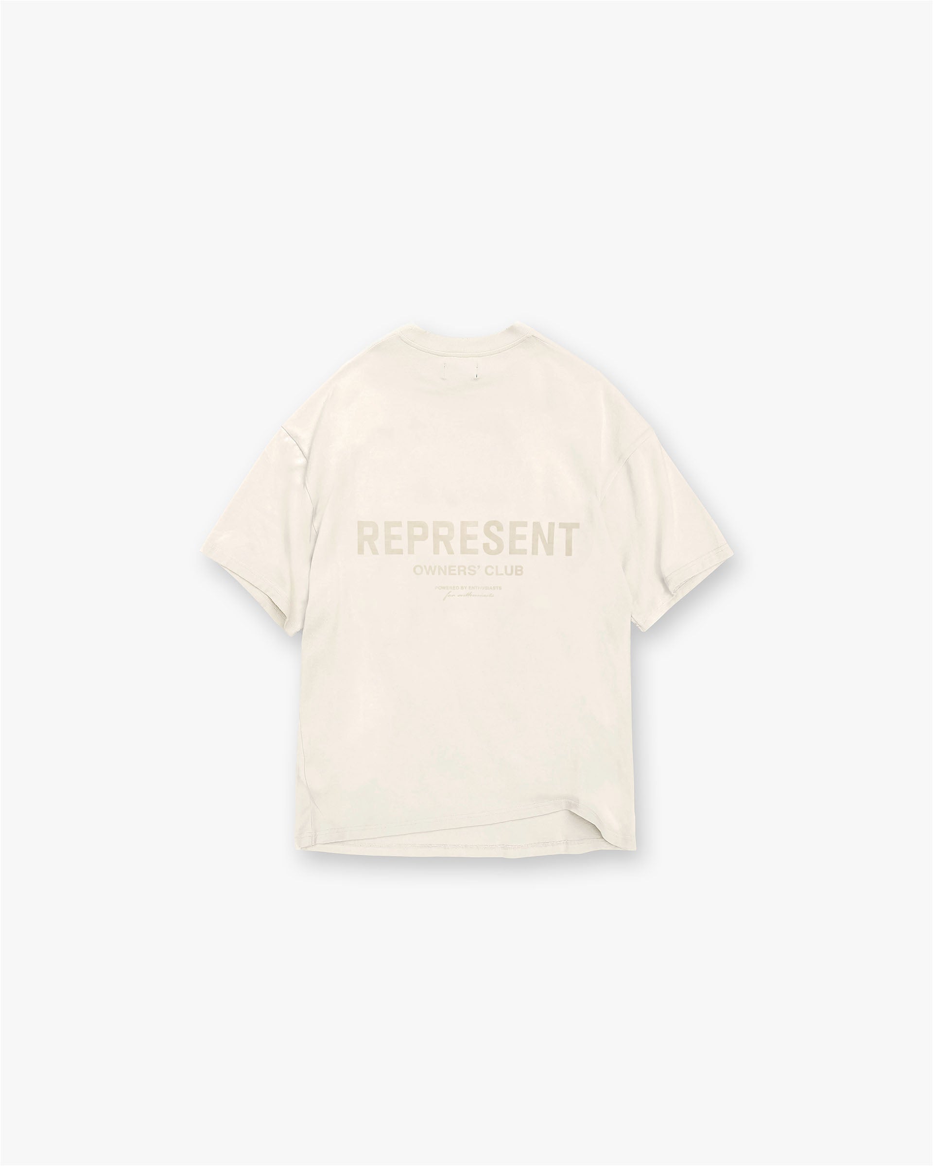 Front product image of a mens cream t-shirt on a plain white background | Represent Owners Club T-Shirt in Buttercream | Oversized t-shirt with puff print graphics | Owners Club T-Shirts | Represent Clo
