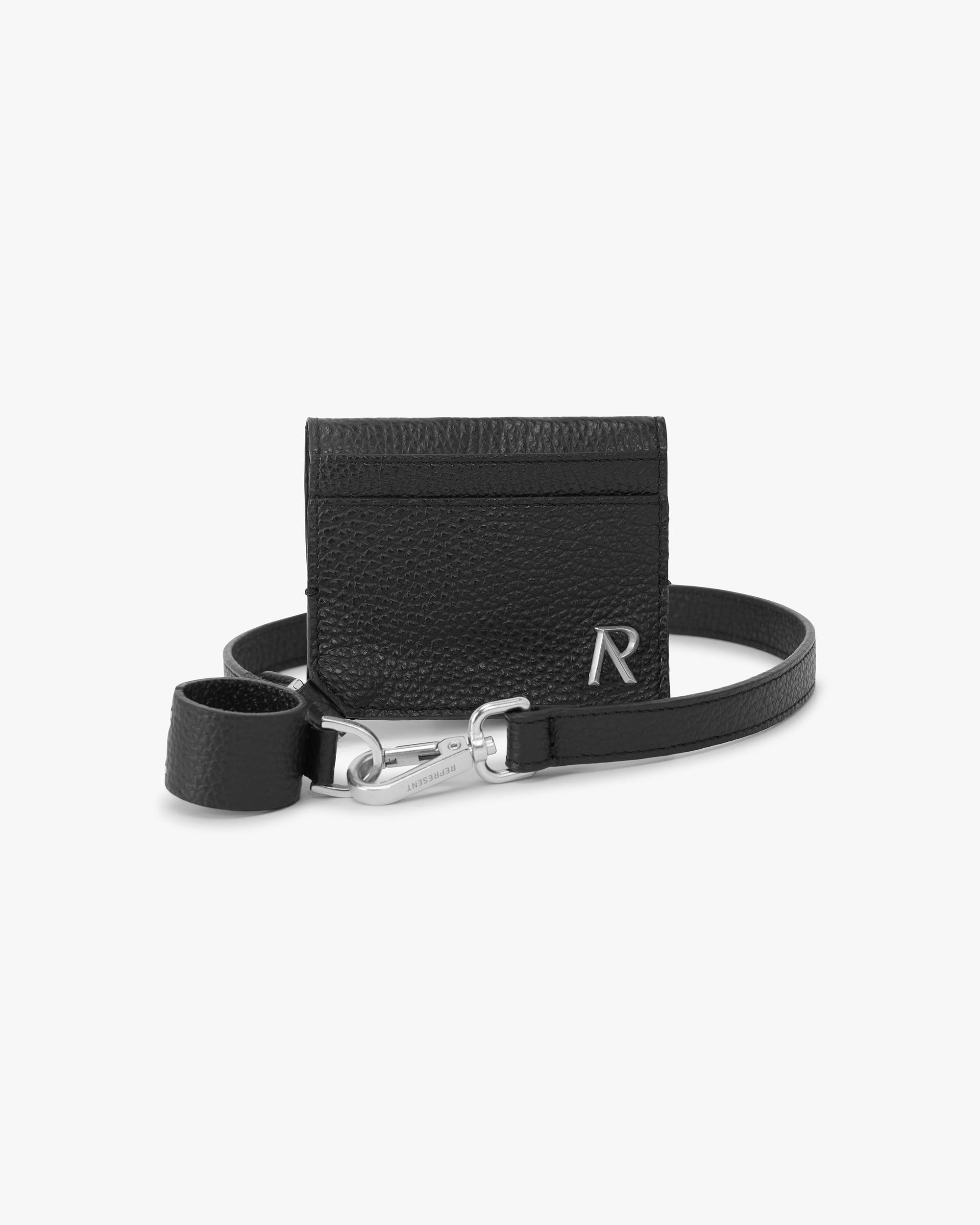Front product image of a mens black cardholder on a plain white background | Initial Belt Cardholder in Black | Cardholder accessory with belt functionality | PRE SS24 Accessories | Represent Clo