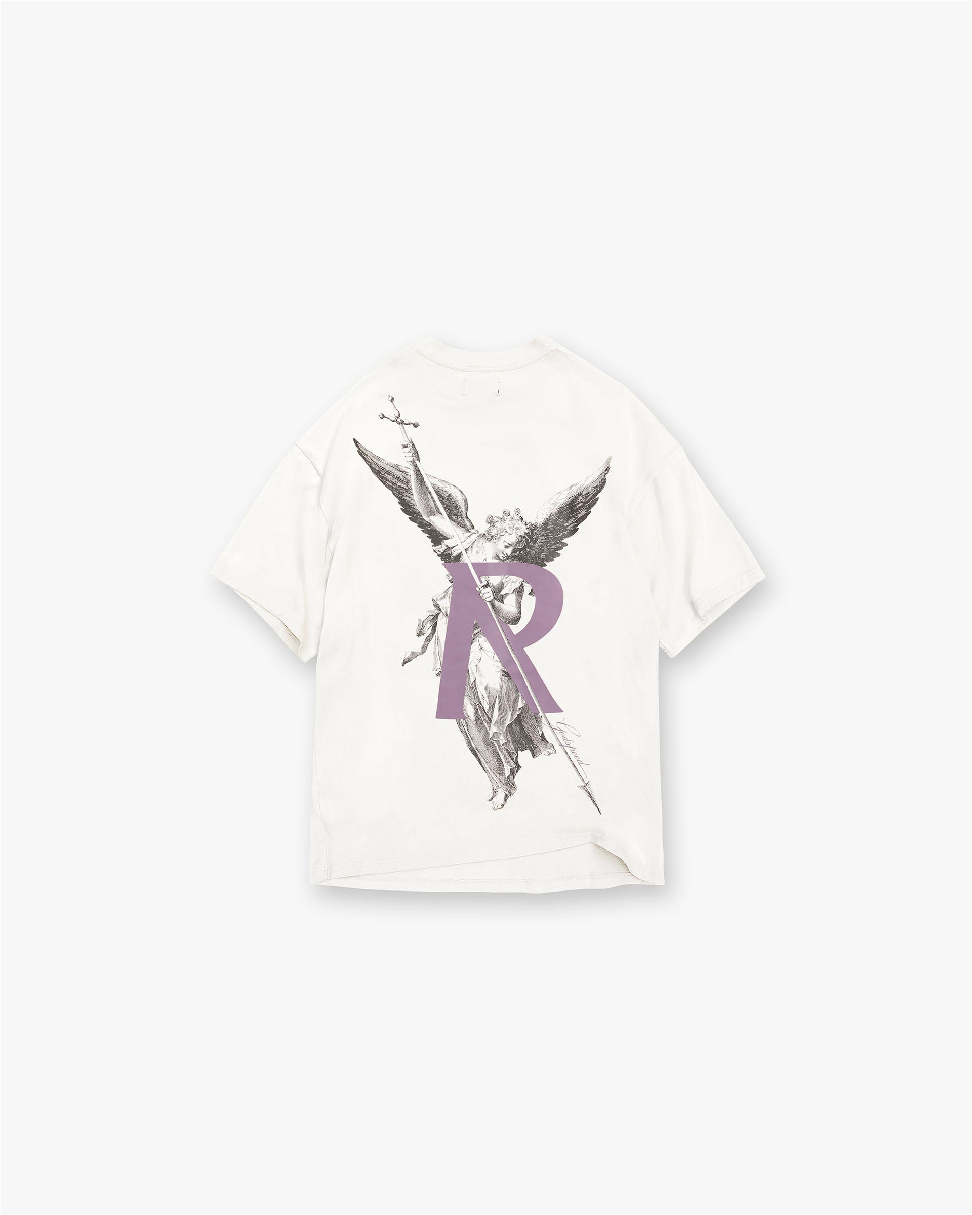 Back product image of a mens white t-shirt on a plain white background | Archangel T-Shirt in Flat White | Slightly oversized t-shirt with high density graphic | FW24 T-Shirts | Represent Clo