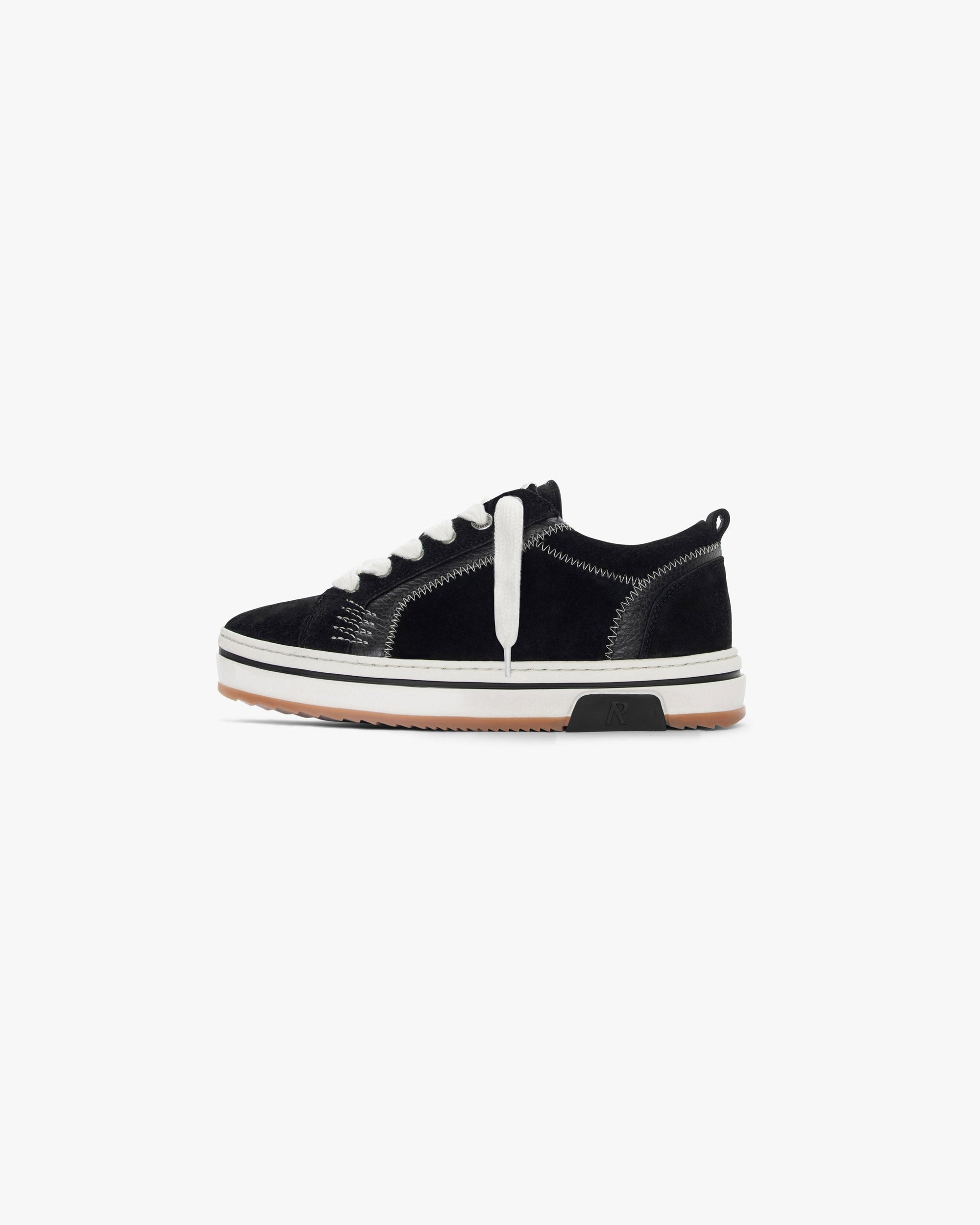 Mens black low top sneakers on a plain white background | HTN Low in Black | Sneakers with hairy suede uppers and chunky lacing | FW23 Footwear | Represent Clo