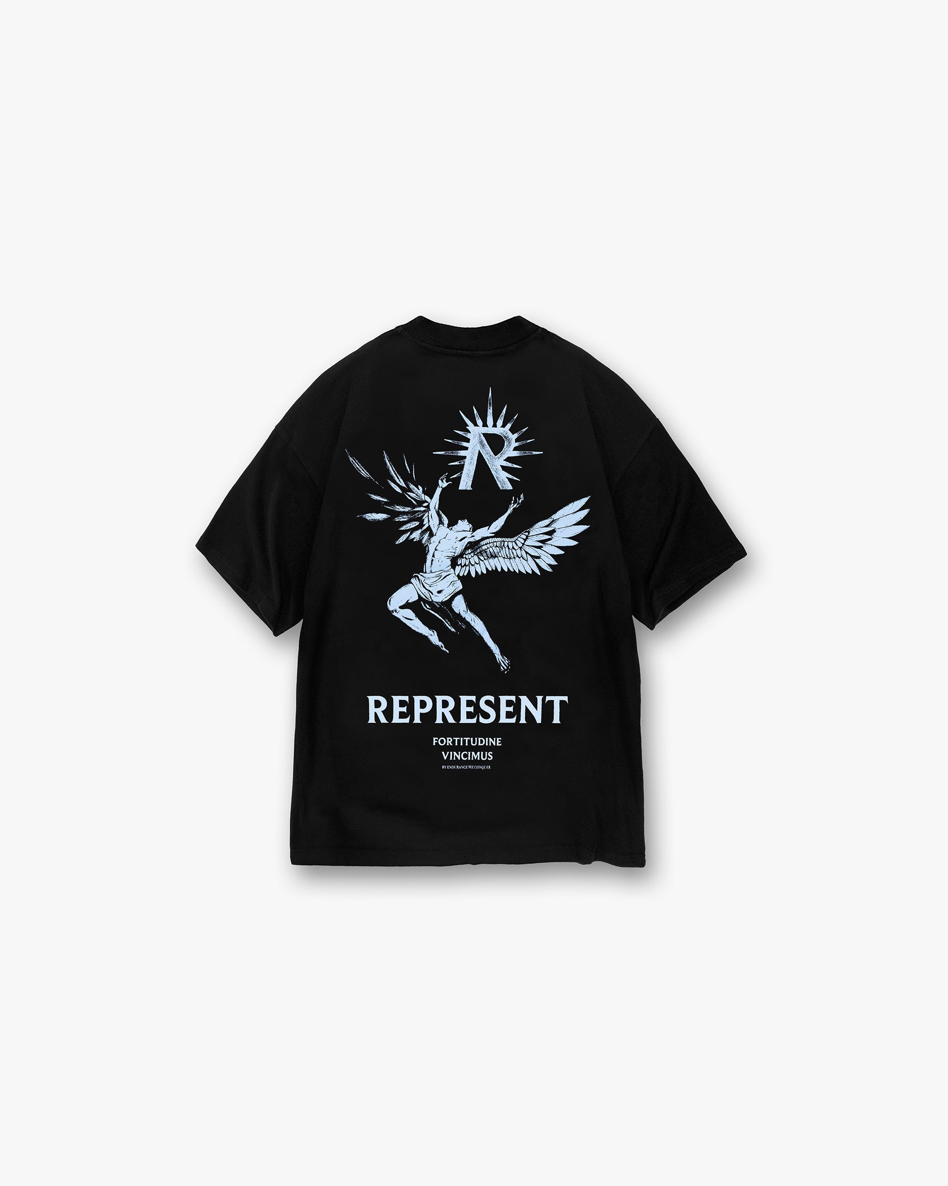 Back product image of a mens black and blue t-shirt on a plain white background | Icarus T-Shirt in Jet Black Blue | Oversized t-shirt with Icarus graphic | SS24 T-Shirts | Represent Clo