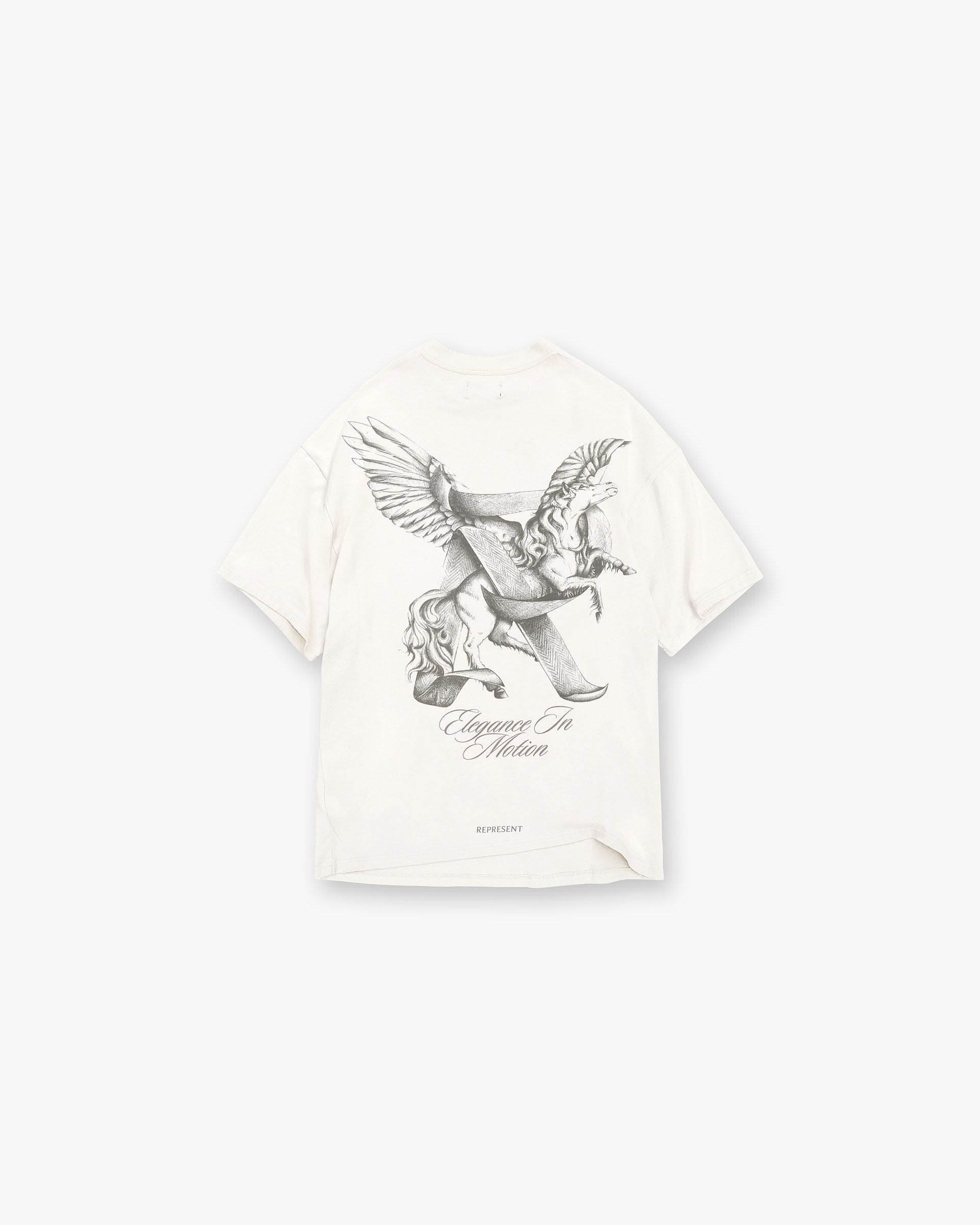 Back product image of a mens white t-shirt on a plain white background | Elegance In Motion T-Shirt in Flat White | Slightly oversized t-shirt with Elegance in Motion graphic and metal bar logo | SS25 T-Shirts | Represent Clo