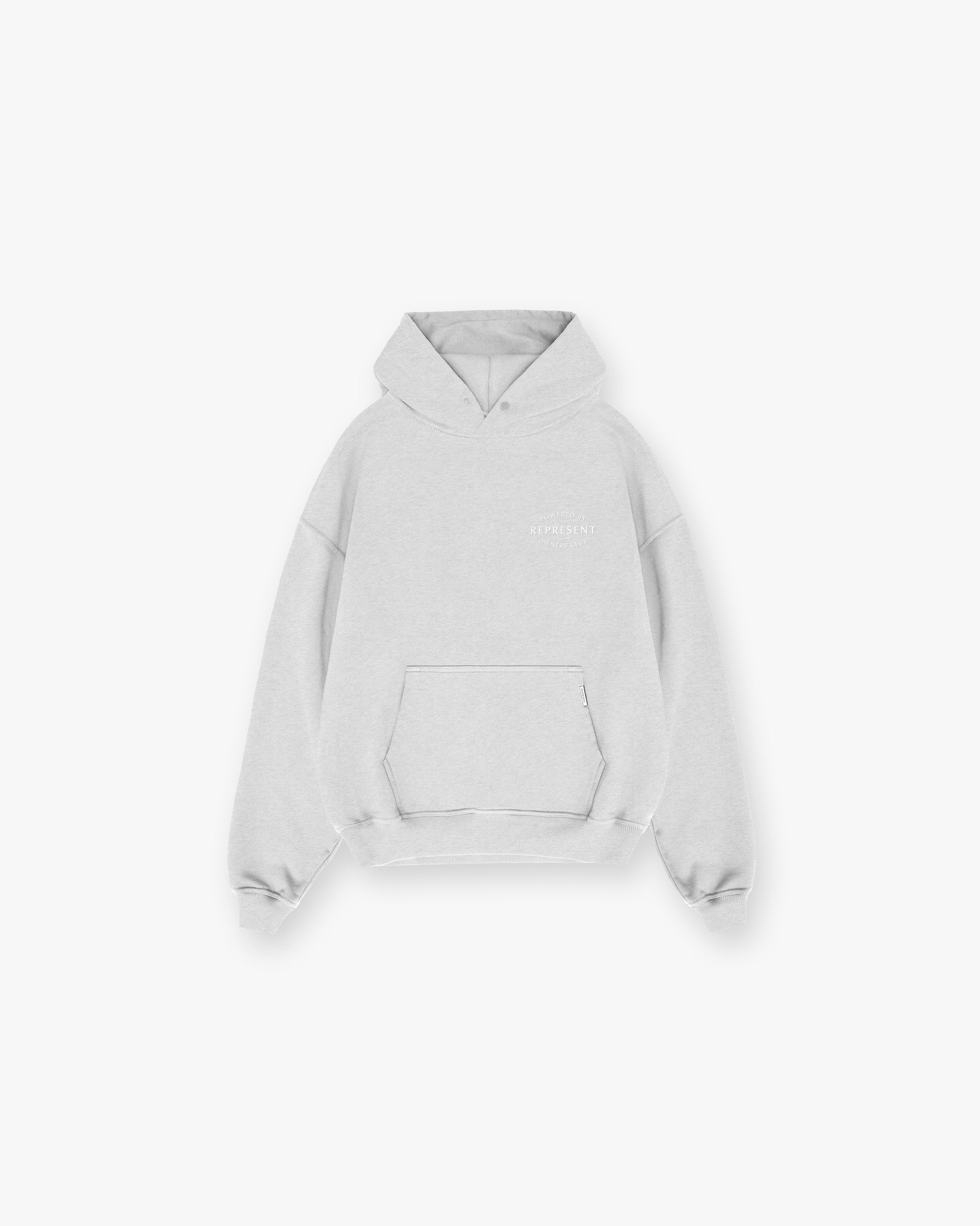 Back product image of a mens grey hoodie on a plain white background | Represent Owners Club Stamp Hoodie in Ash Grey | Oversized hoodie with ribbed hem and cuffs | Owners Club Hoodies | Represent Clo