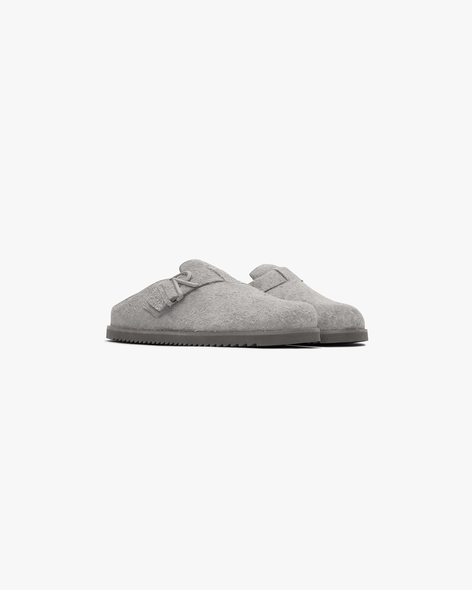 Back product image of mens grey mules on a plain white background | Initial Mule in Grey | Hairy suede mules with deep heel cup and arch support | SS24 Footwear | Represent Clo