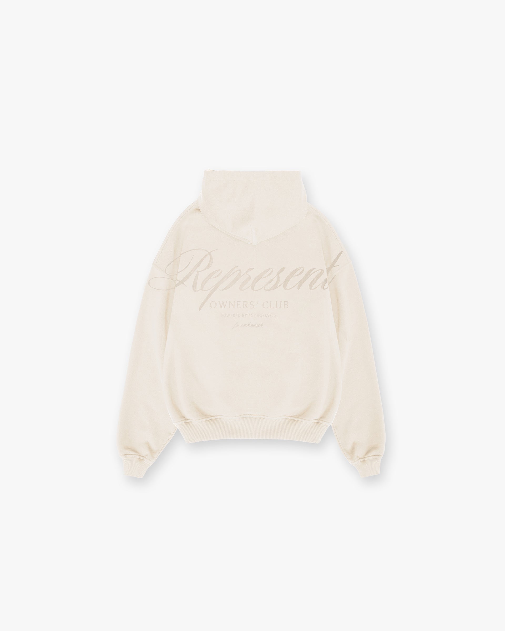 Back product image of a mens beige hoodie on a plain white background | Represent X Ounass Owners Club Script Hoodie in Island Fossil | Hoodie with ribbed trims and oversized fit | Exclusives Hoodies | Represent Clo