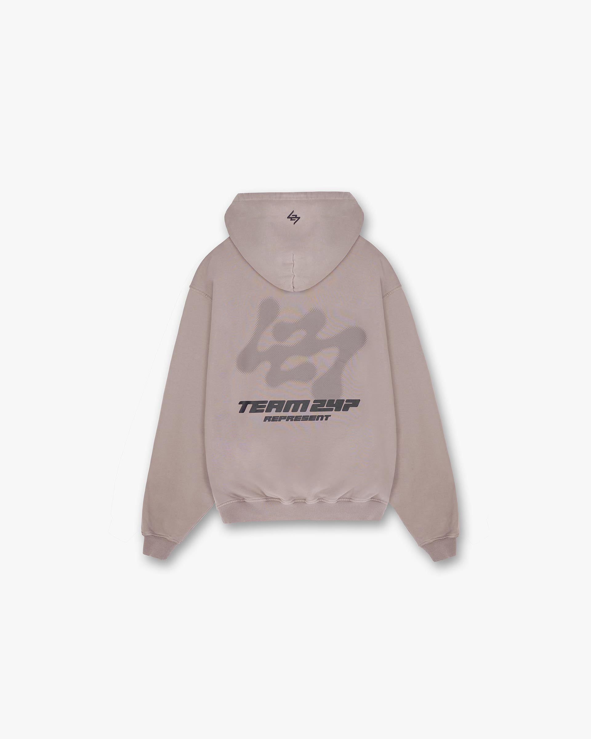 Back product image of a mens grey hoodie on a plain white background | 247 Future Terrains Oversized Hoodie in Moonrock | Hoodie with ribbed hem and cuffs | 247 Hoodies | Represent Clo